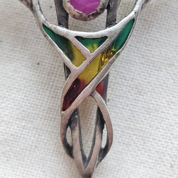 Vtg Sterling Ruby, Pearl, Marcasite Plique-a-Jour Enamel Brooch - Picture 6 of 11